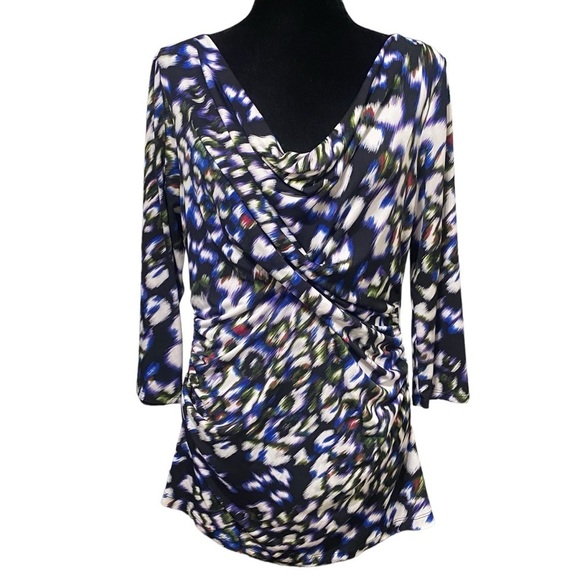 Vince Camuto Abstract Cowl Neck Blouse Black Blue Draped Top Large - Picture 1 of 7